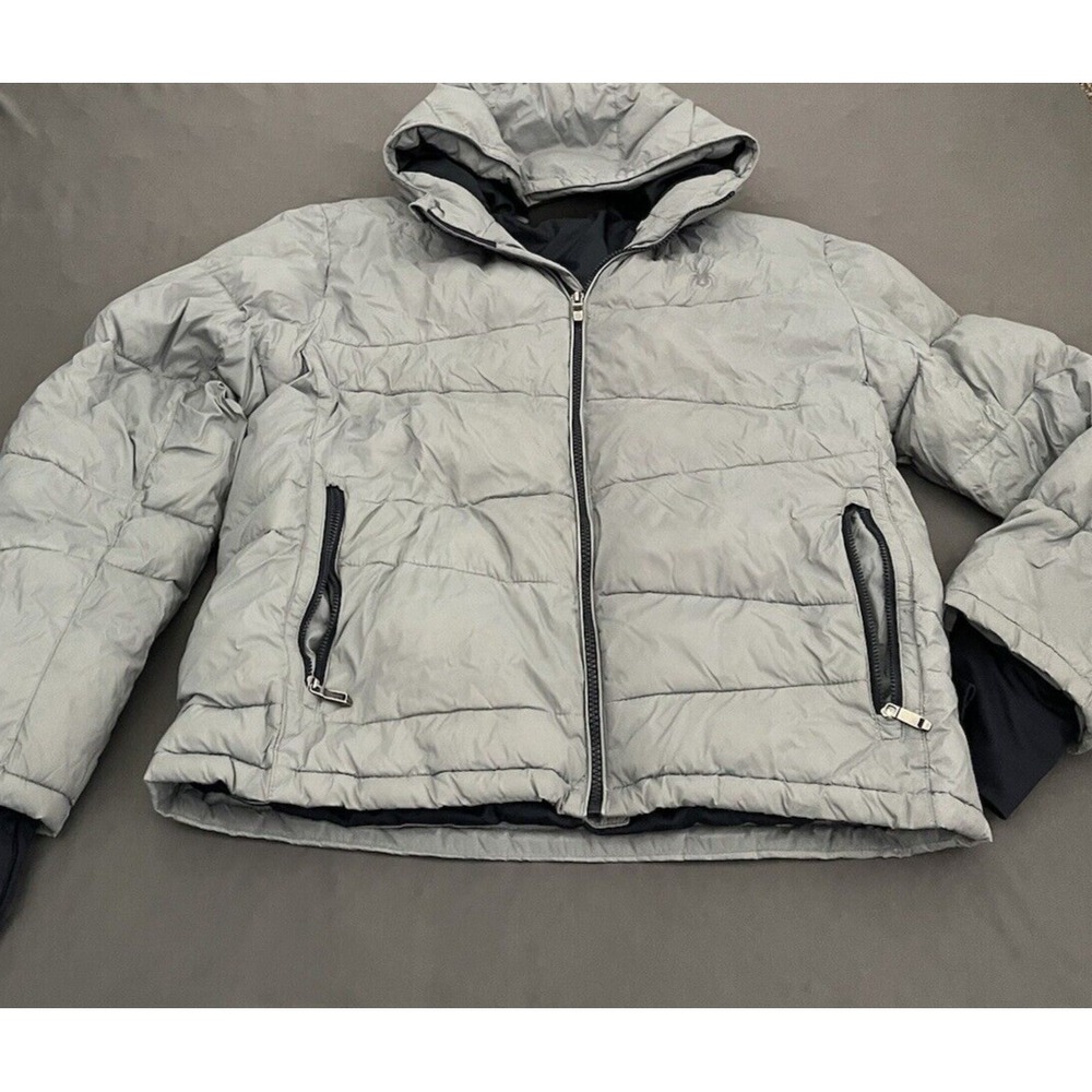 Spyder Puffer Hooded Jacket Boys Large 14/16 Gray Thermaweb Nylon‎ Thumb Holes - Picture 5 of 16